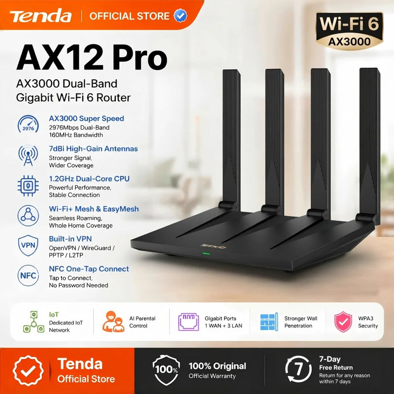 រ៉ោតទ័រ Tenda AX12 Pro AX3000 WiFi 6 160MHz Dual Band Gigabit Mesh VPN NFC Signal Booster អង់តែន High Gain គ្របដណ្តប់បានល្អជាង