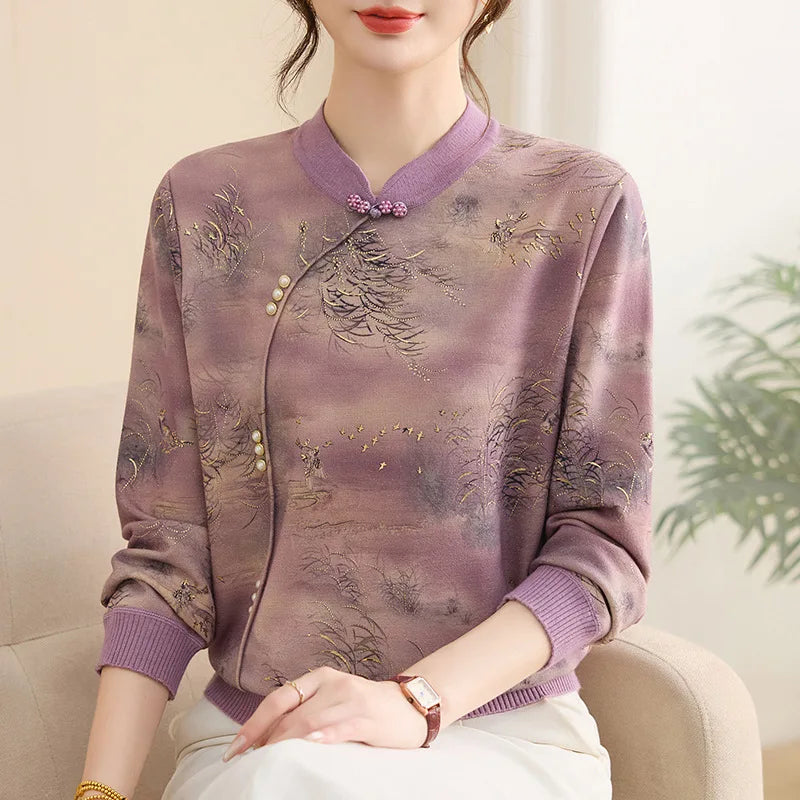 New Vintage Printed Woman Clothing Spring Autumn Middle Aged Mother Pollovers Long Sleeve Tops Women's Sweater Knitwear Blouse