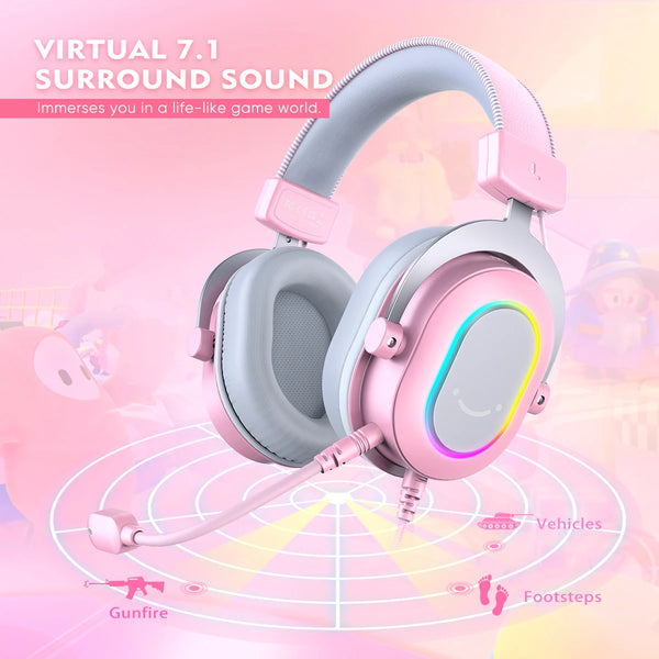កាសស្តាប់ត្រចៀក FIFINE Gaming Headset ជាមួយ RGB/7.1 Surround Sound/MIC/Line Control, កាសស្តាប់ត្រចៀក USB សម្រាប់ Gamer/PC/PS4/PS5 Ampligame H6P