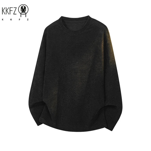 Mens Textured Knit Crew Neck Pullover Long Sleeve Washed Gradient Effect Relaxed Cut For Layered Styling Outfit