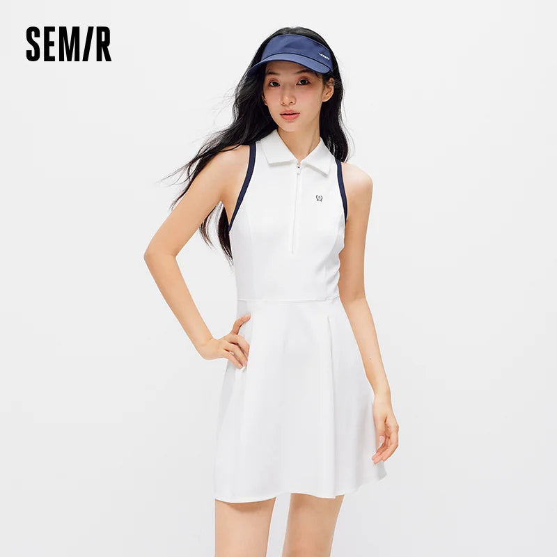 Semir Women Dress Pleated Color Block Polo Collar Minimalist Sporty Tank Mini 2026 Summer Casual Top