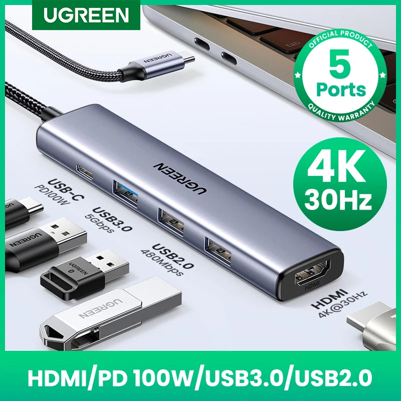 UGREEN USB C HUB Type C 3.1 to HDMI 4K SD TF PD 100W Adapter For Macbook iPad Pro Air M2 M1 PC Accessories 5Gbps USB C 3.0 HUB
