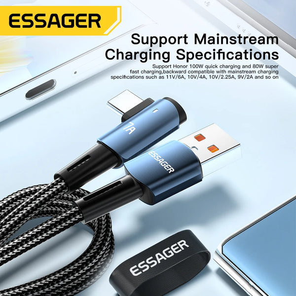ខ្សែសាក Essager 7A USB Type C 90 ដឺក្រេ សម្រាប់ OPPO 100W ខ្សែសាកលឿន សម្រាប់ Honor Huawei Oneplus Realme ខ្សែសាកទិន្នន័យមុំ