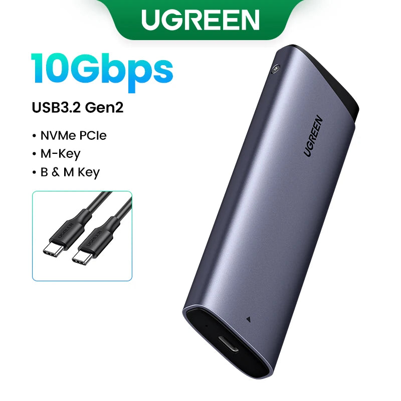 UGREEN M.2 NVMe/SATA SSD Enclosure 20Gbps USB-C 3.2 Gen2 External Enclosure Supports M and B&M Keys 2280 SSD Aluminum Shell