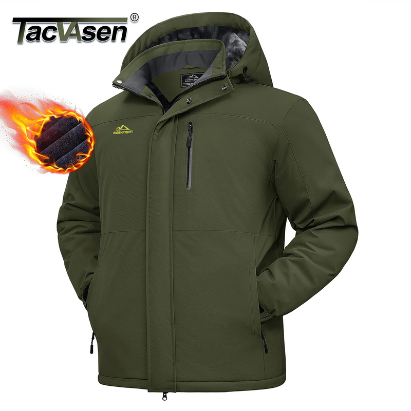 TACVASEN Mens Heavyweight Ski Jacket Waterproof Fleece Parka Detached Hood Windproof Placket Outdoor Coat Winter Warm 5 Pocket