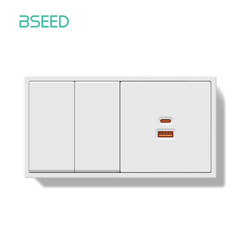 BSEED Mechanical Button Light Switch 1/2Gang 1Way With 65W USB Type-C Fast Charge Socket Plastic Frame Switch With LED Indicator