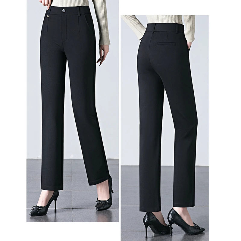 Asian Size Black Women's Elastic Waist Trousers, Fashion Casual Pants, Khaki High Stretch Pant, 27, 28, 29, 30, 31, 32, 33, 34