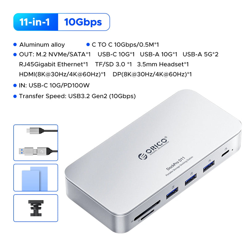 ORICO M.2 2230/2242/2260/2280 NVMe SSD Enclosure 10Gbps USB C Storage Docking Station with 8K60HZ HD DP SD/TF PD100W Charger HUB