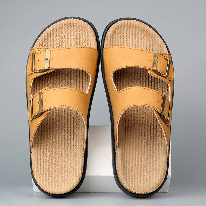 Summer Mens Adjustable Slippers Men Leather Slides Thick Soles Bottom Platform Slippers Sandals Soft Comfortable