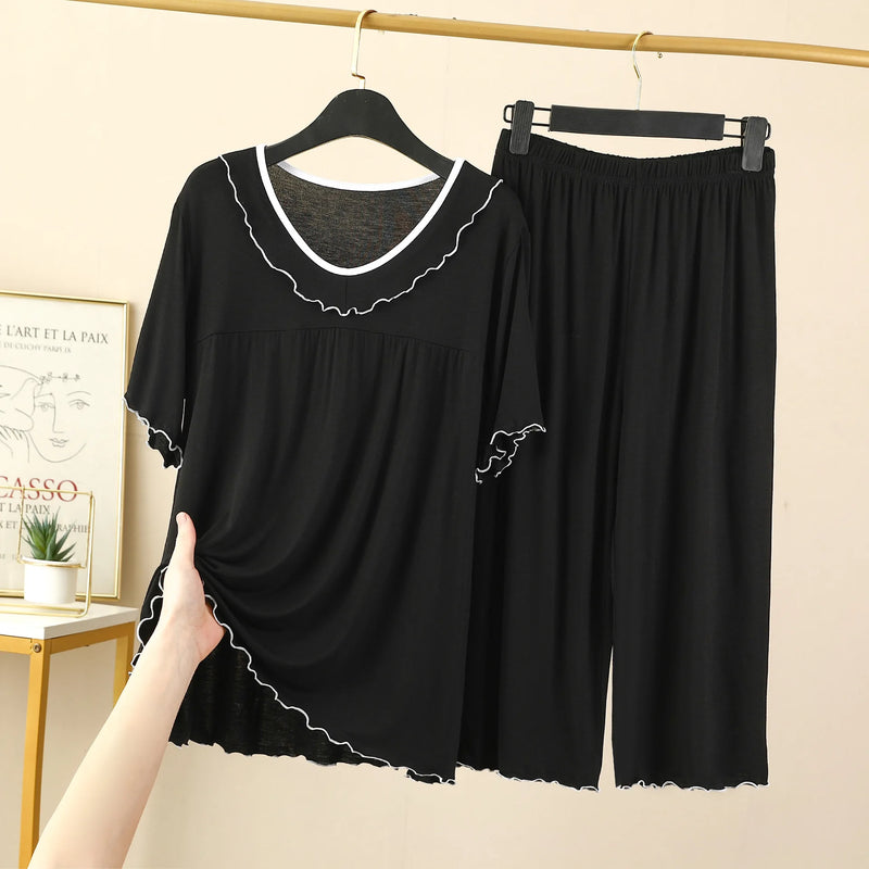 Women's Pajamas Set New V Neck Short Sleeve Capri Pants Suit Modal Casual Sleep Wear Home Clothing Night Pijamas Sets Female