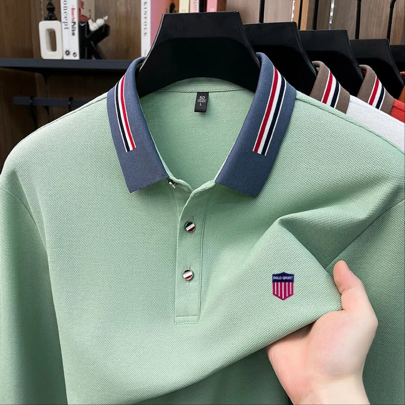 Man 100% Cotton Long-Sleeved Polo Shirt Lapel Button Exquisite Pattern Embroidery Autumn Snug Leisure Versatile Men's Polo Shirt