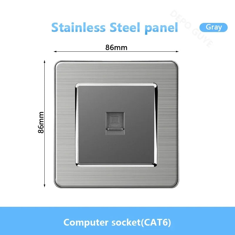 Universal Wall Light Switch Brushed Stainless steel Panel,UK Type-c 18W Quick Charging Socket 220V Double USB Electrical Outlet
