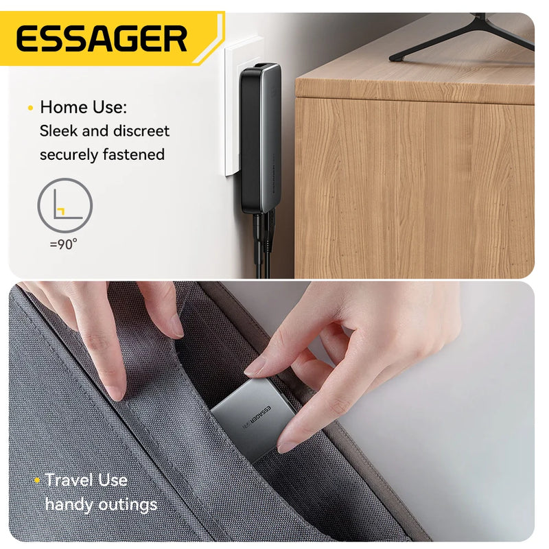 ឆ្នាំងសាក Essager Ultra Thin 65W GaN Travel Charger Quick Charge 4.0 PD3.0 PPS Portable Type C Charger សម្រាប់ iPhone Samsung Macbook Laptop
