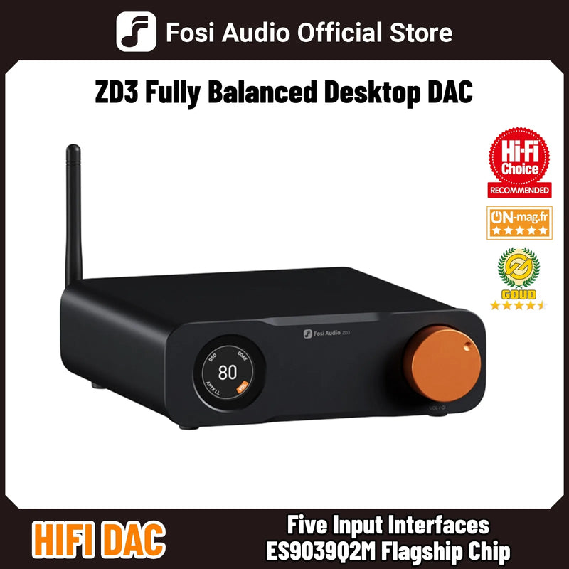 Fosi Audio ZD3 ប៊្លូធូស USB Desktop DAC ARC Input, ES9039Q2M ឧបករណ៍ឌិកូដឌីជីថលដែលមានតុល្យភាពពេញលេញសម្រាប់ឧបករណ៍ពង្រីកសំឡេងស្តេរ៉េអូជាមួយឧបករណ៍បញ្ជាពីចម្ងាយ