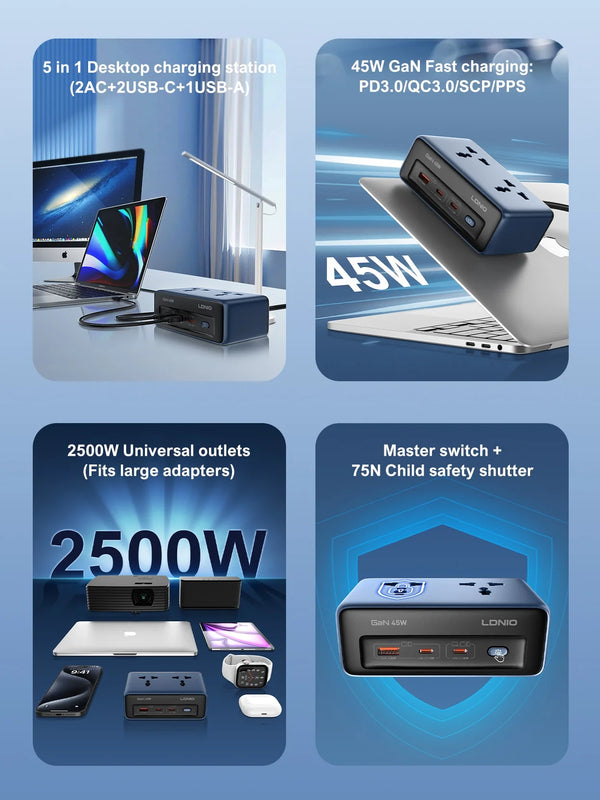 ស្ថានីយសាកថ្មលឿន LDNIO USB C រន្ធច្រើនសម្រាប់កុំព្យូទ័រលើតុ ជាមួយរន្ធដោត AC ចំនួន 2 សម្រាប់បន្ថែមការរអិល ចក្រភពអង់គ្លេស សហភាពអឺរ៉ុប សហរដ្ឋអាមេរិក