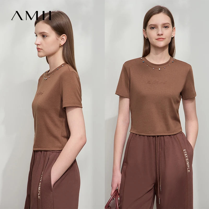 AMII Minimalist Short Women Clothes T-shirt 2026 Summer New Round Neck Short-sleeved Casual Versatile Solid Slim Tops 12542091