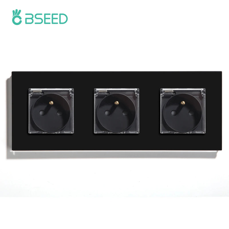 BSEED FR Standard Single Socket With Waterproof Cover Double Wall  French Outlets Triple Power Plugs 16A Glass Panel 110-250V