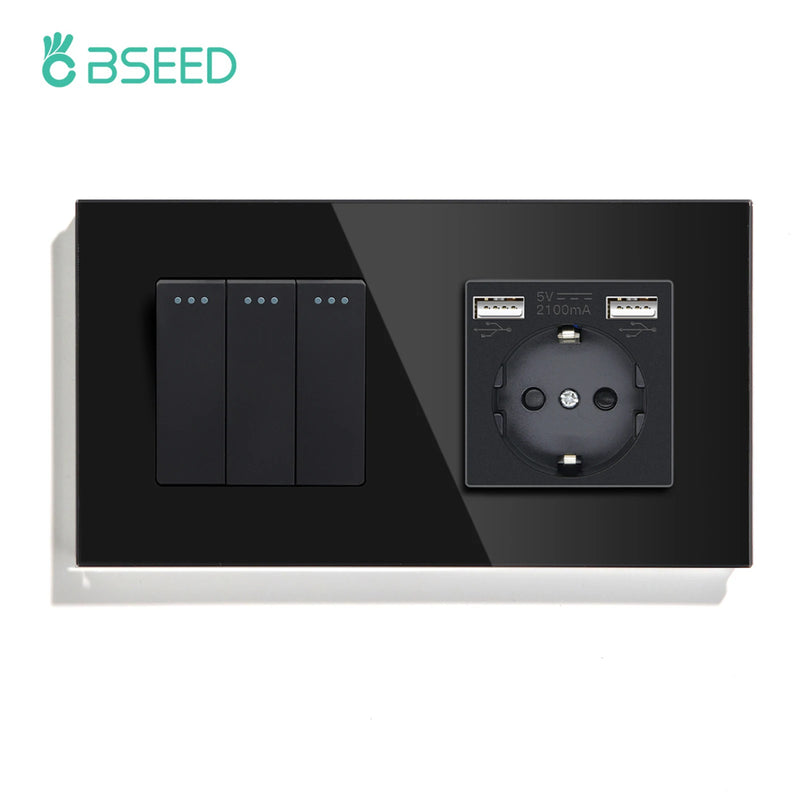 BSEED Mechanical Button Switch 1/2/3Gang 1Way Wall Power Socket USB Type-C Port Glass Frame Wall Switches Home Improvement