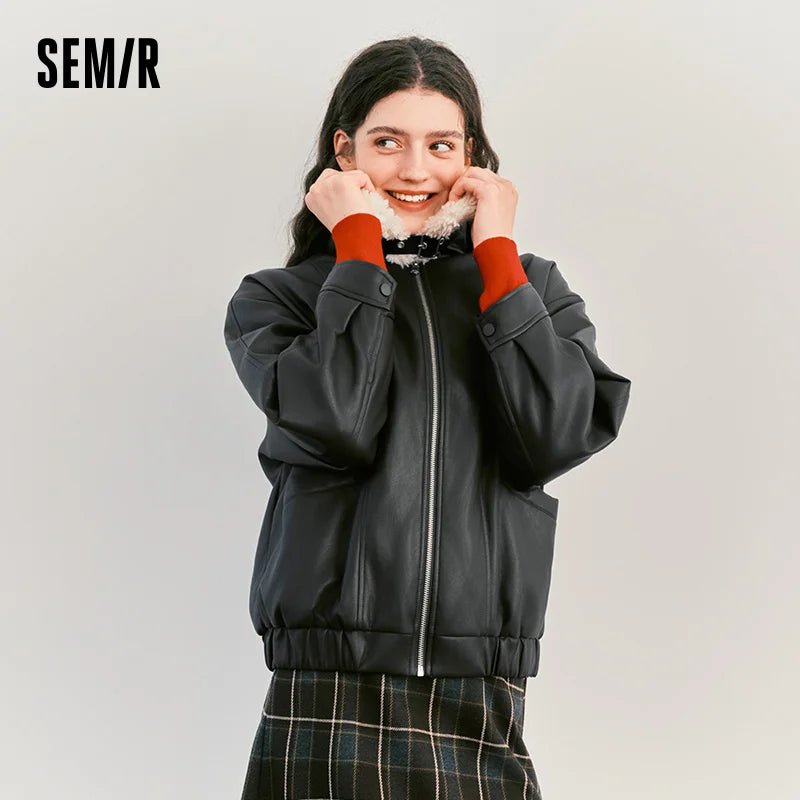 Semir Women Jacket PU Faux Leather Faux Shearling Panelled Design Turn Down Collar Oversized Fit Urban Casual Style 2026 Winter
