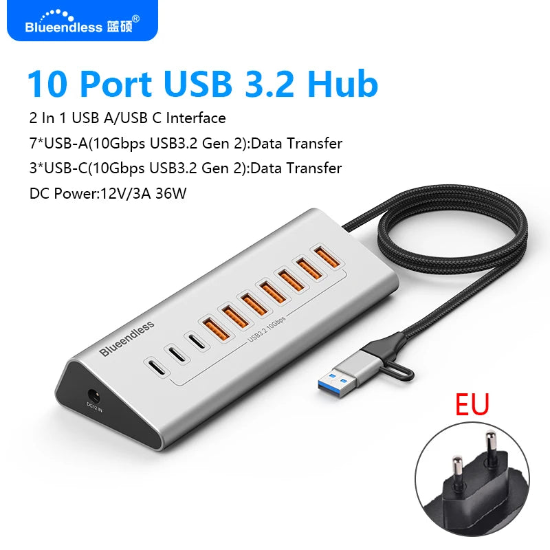 ប៊្លូអែនលីស អាលុយមីញ៉ូម USB3.2 ជំនាន់ទី 2 10Gbps 7 ច្រក 10 ច្រក USB-C Hub 7 ក្នុង 1 10 ក្នុង 1 USB-A Splitter Adapter សម្រាប់កុំព្យូទ័រយួរដៃ macbook
