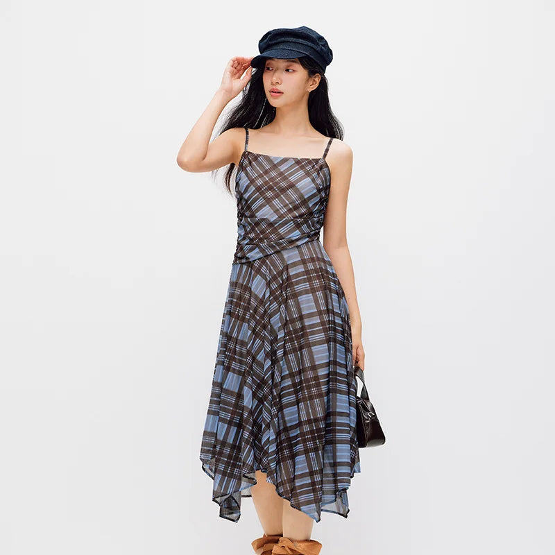 Semir Women Dress Plaid Ruched Vintage Design Sexy Stylish Slip Mini 2026 Summer Street Fashion Wear