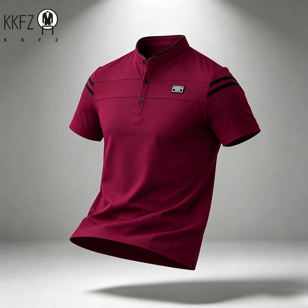 Mens Basic Stand Collar Short Sleeve Polo Top Sleeve Stripes Suitable For Vacation Short Trip And Multiple Leisure Scenes