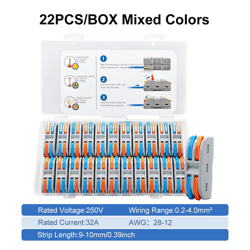 TOMZN Quick Lever Wire Connector 2IN 2OUT 22PCS For BV BVR RV 28-12AWG 250V 32A 0.2-4mm2 Soild/Stranded/Flexible Wire