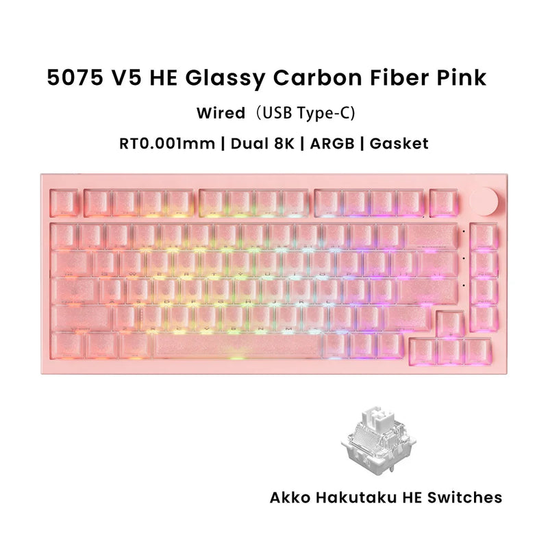 Akko Hall Effect Magnetic Keyboard 5075 V5 75% RT0.001mm 8K USB Type-C/2.4g&BT5.0 Wireless ARGB Custom Gamer Keyboard Gasket