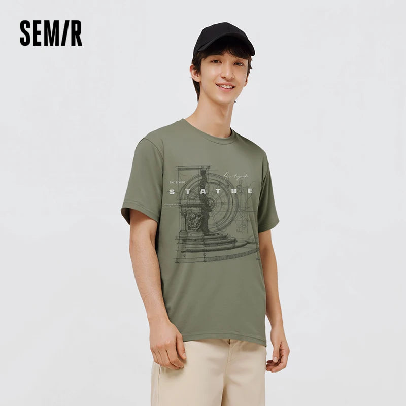 Semir Mens Tshirt 2026 Retro American Printed Knitted Slightly Loose Crew Neck Casual Fashion Soft