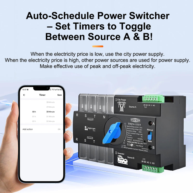 TOMZN 110V/120V Three-Phase WiFi Smart ATS, Dual Power Automatic Transfer Switch, Uninterrupted, 2P/3P/4P, EWeLink, DIN Rail