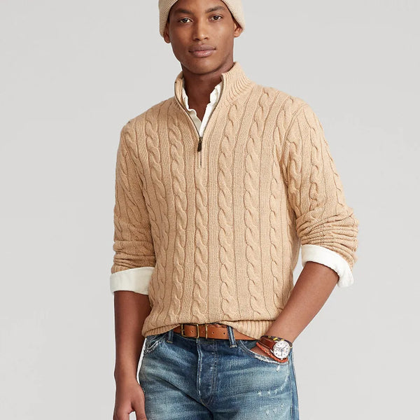 Men's Cable Knit Half Zip Sweater Fall Winter Warm High Neck Pullover 100% Cotton Stretch Knitwear