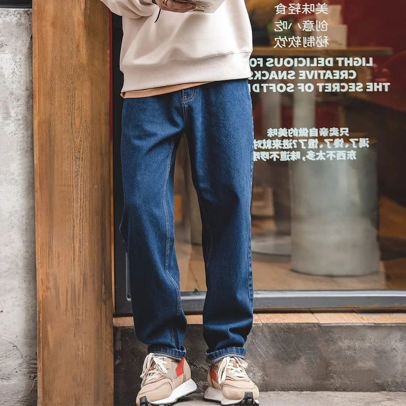 ខោខូវប៊យ Maden លាងសម្អាត Denim ទំហំ 12.8 អោន ខោរលុងបែប Retro ខោប៉ោង ទំហំធំ 28-38 សម្លៀកបំពាក់បុរសទាន់សម័យ មាន 2 ពណ៌