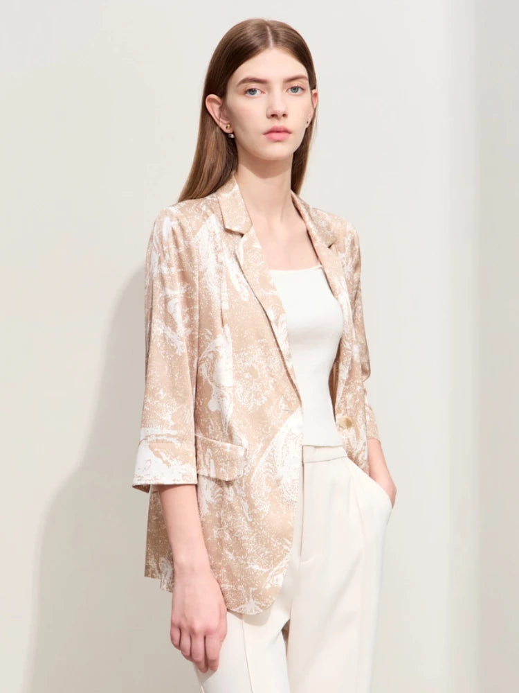 AmII Minimalism Silk Blazers 2026 Summer Notched Printed Basic Fashion Jacket Three Quarter Women Office Lady Blouse 12452146