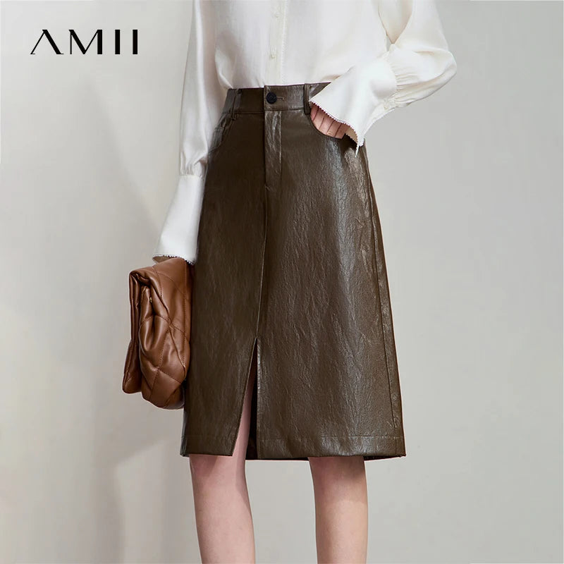 សំពត់ស្បែក PU ខ្នាតតូច AMII សម្រាប់ស្ត្រីឆ្នាំ ២០២៦ សំពត់ប្រវែងជង្គង់បែបអាមេរិកាំងបុរាណ សម្លៀកបំពាក់ស្ត្រីអាជីវកម្ម 12553014