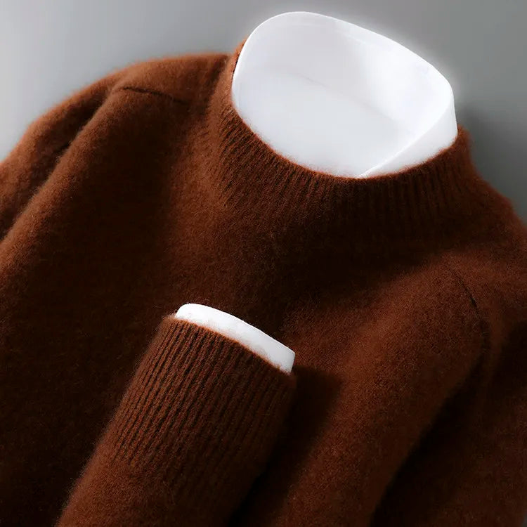 100% Australian Wool Men's New Half Turtleneck Sweater, Flat Seven-Needle Thickened Saddle Shoulder Half High Pullover
