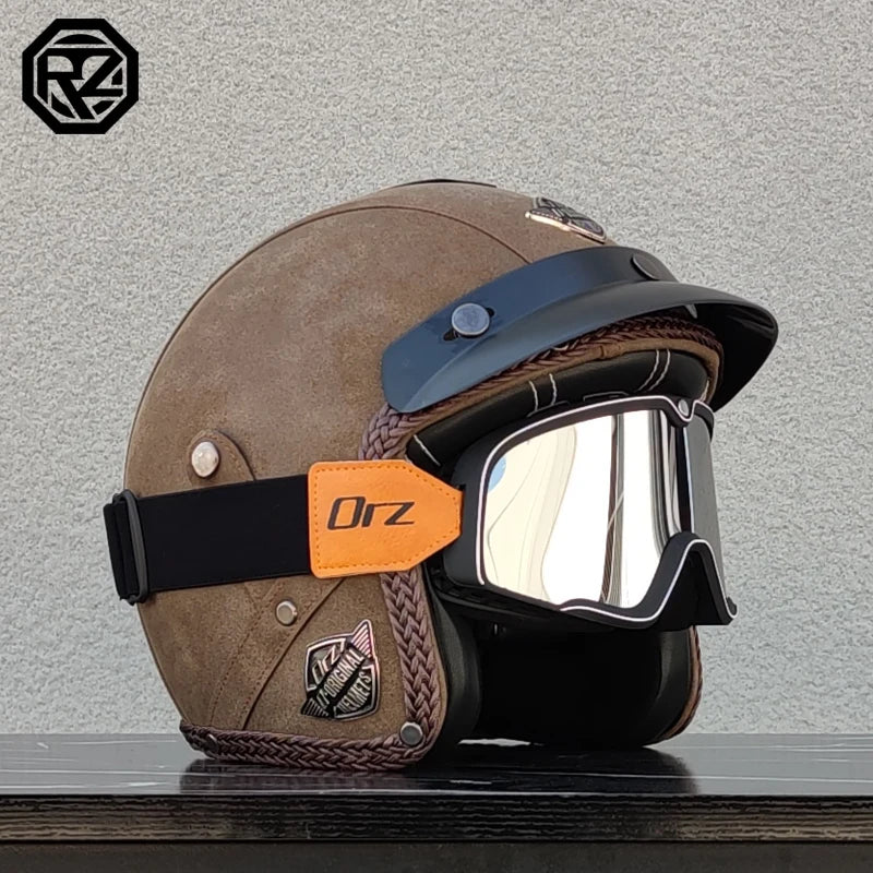 【ORZ】Retro Leather 3/4 Open Face Motorcycle Helmet, PU Leather Shell Cafe Racer Scooter Motorbike Half Helmet for Men Women