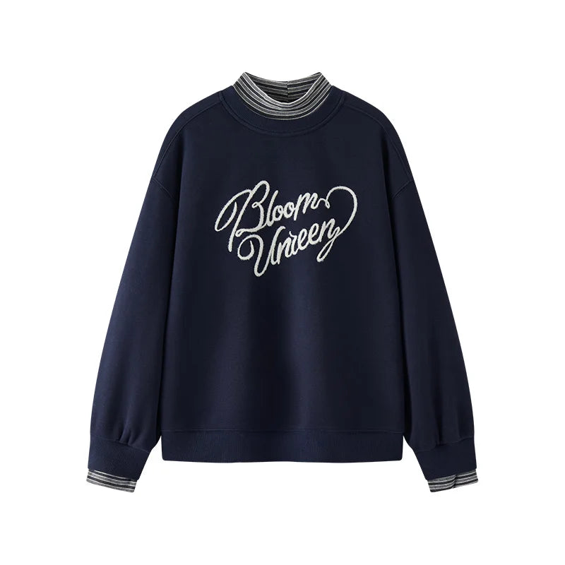Semir Women Sweatshirt Fleece Lined Layered Look Panelled Design Stripe Pattern Embroidered Detail Stand Collar 2026 Winter