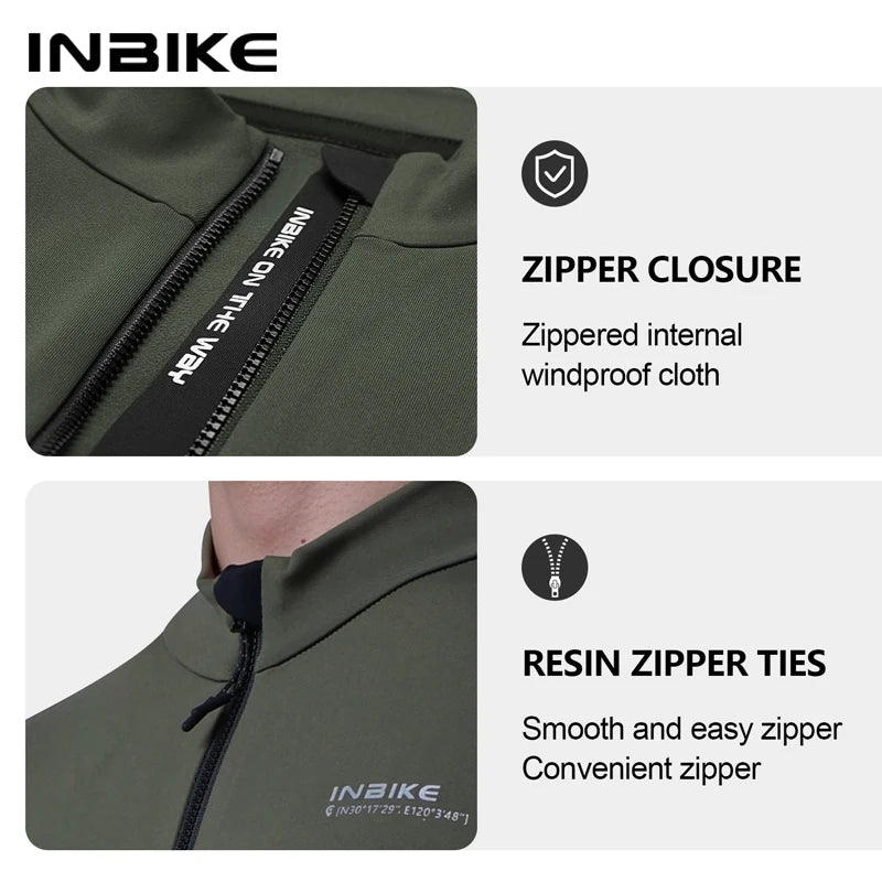 INIBKE Long Sleeved Men's Cycling Jersey Winter Fleece Bicycle Jersey Bike Riding Clothing Reflective Full Zipper 3 Rear Pockets