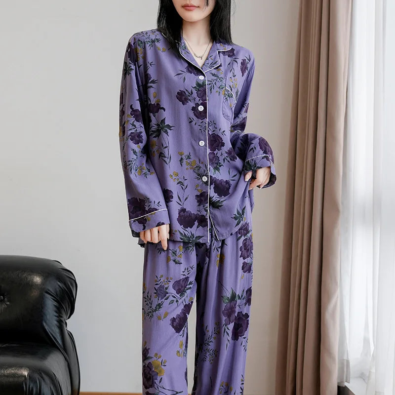 Floral Sleepwear Pijama Women's Pajamas Spring Autumn Night Wear for Ladies Pyjama Femmes Long-sleeved Trousers Home Nightwear