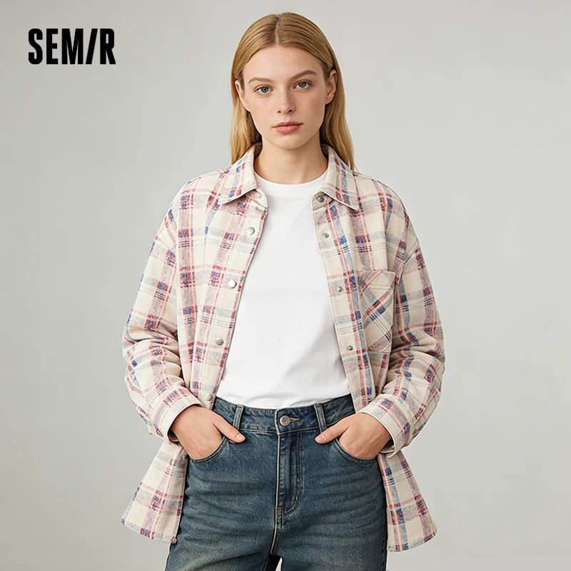 Semir Soft Shirt Women Spring 2026 Plaid Denim Loose Casual Comfortable Daily Wear Versatile Stylish Blouse