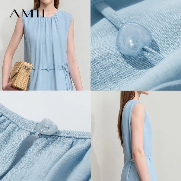 AMII រ៉ូបម៉ូដនារីបែប Minimalism កមូល ដៃអាវគ្មានដៃ រ៉ូបខ្សែអង្កាំ រ៉ូបសម្រាប់នារី រ៉ូបរលុងប្រចាំថ្ងៃ 12542132