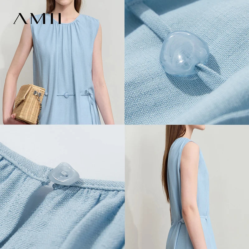 AMII រ៉ូបម៉ូដនារីបែប Minimalism កមូល ដៃអាវគ្មានដៃ រ៉ូបខ្សែអង្កាំ រ៉ូបសម្រាប់នារី រ៉ូបរលុងប្រចាំថ្ងៃ 12542132