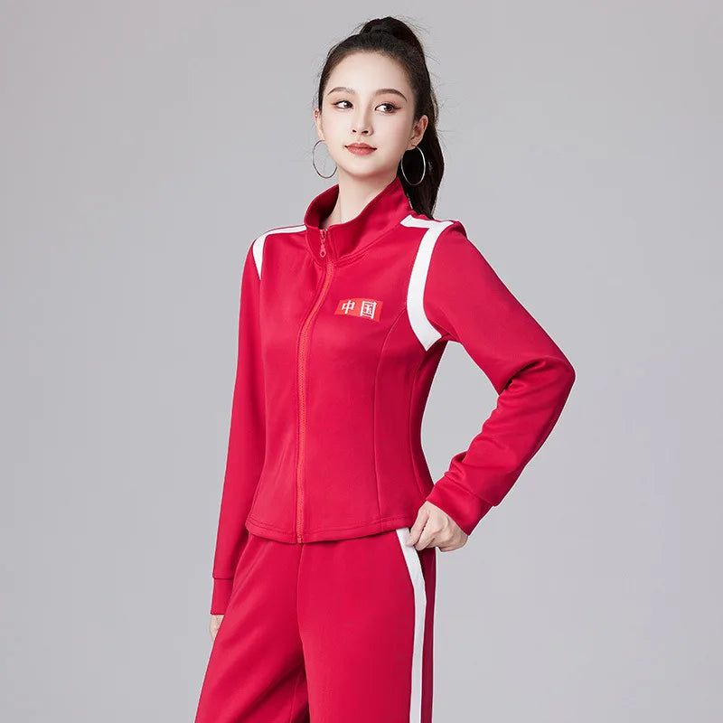 Women's Red Two-piece Sports Set for Spring and Fall, Featuring A Jacket with White Stripes and Matching Pants, Asian Sizes 6XL.