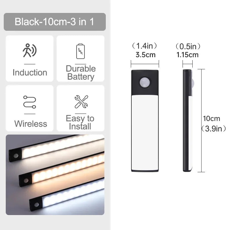 ភ្លើងទូខោអាវ ភ្លើង LED មានឧបករណ៍ចាប់សញ្ញាចលនា ភ្លើងពេលយប់ 3 ពណ៌ ឥតខ្សែ USB ចង្កៀងស្តើងវែង ចង្កៀងផ្ទះបាយ ភ្លើងបំភ្លឺក្នុងផ្ទះ