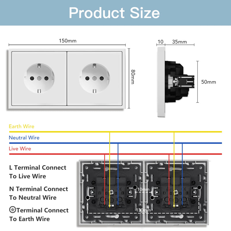 BSEED E Series 1/3/5 Pack Double Wall Sockets Electrical Power Outlets Bulk Set White Black Plastic Frame Kid Protection 16A