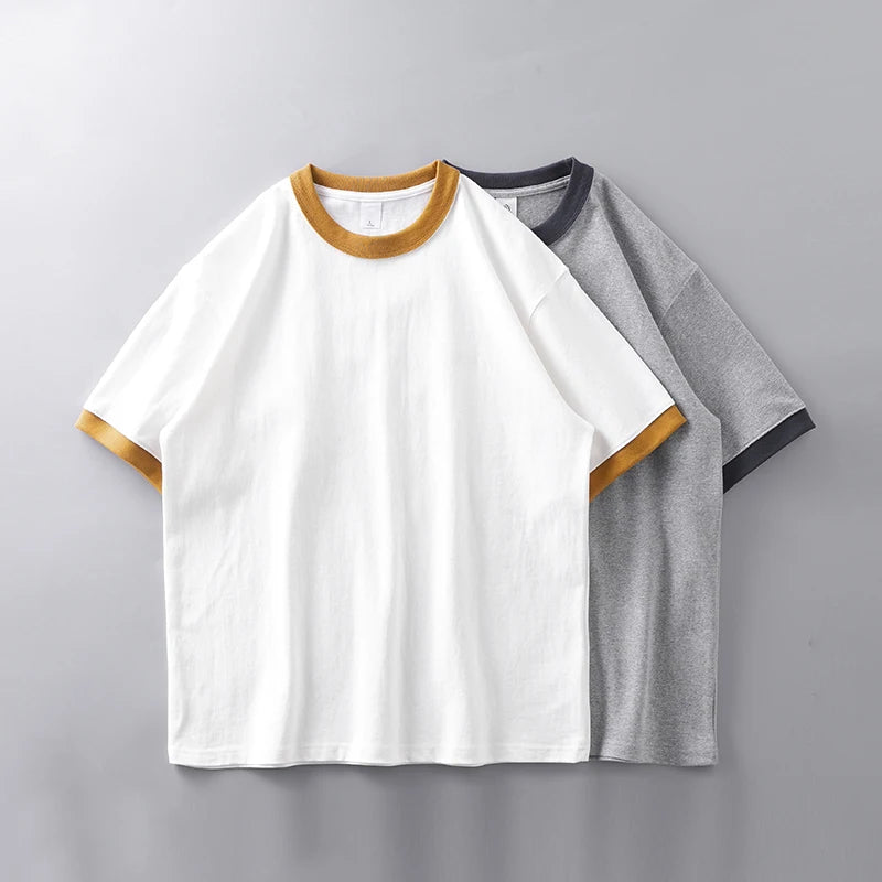 DUKEEN 320G Heavyweight Color-Blocked Patchwork Men's T-Shirt Summer 100% Cotton Solid Color Short Sleeve Basic Tops
