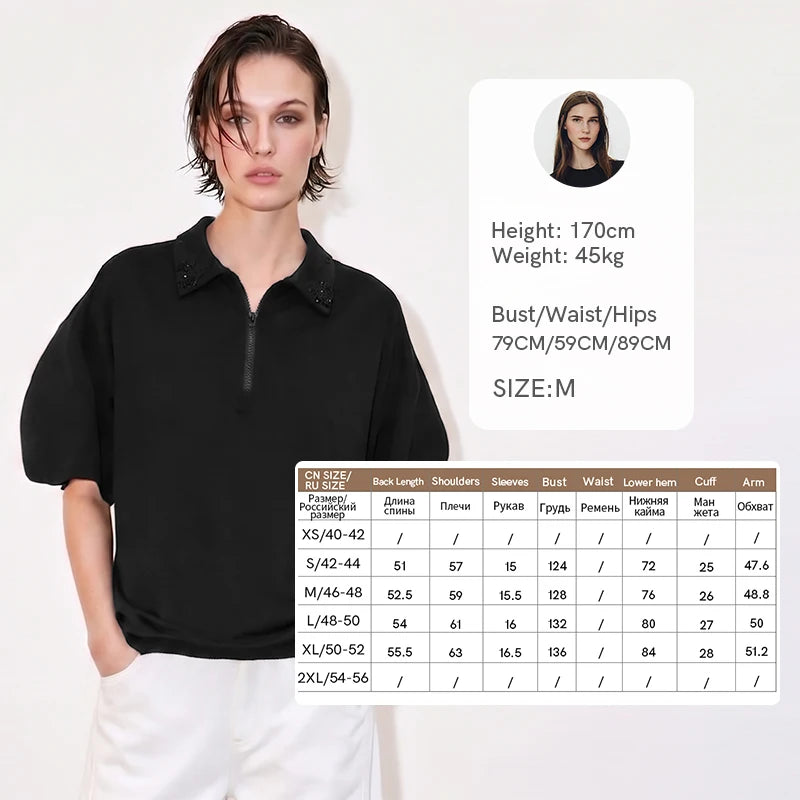Amii Women's T-Shirt 2026 Summer New Lapel Collar Beaded Zip Drop Shoulder Cotton Tee Casual Short Sleeve Top For Women 12622097