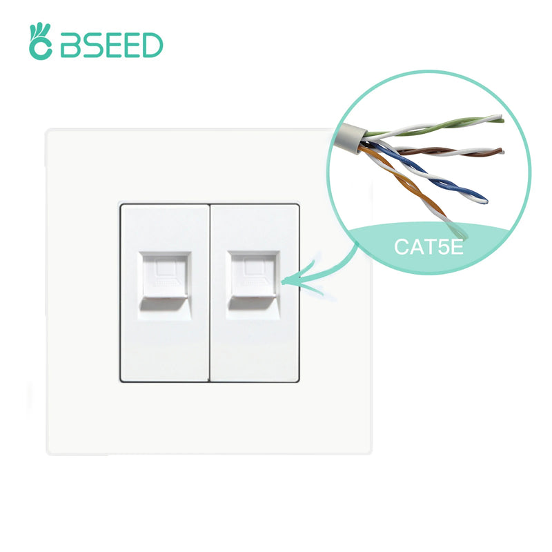BSEED EU Standard Double Internet Socket RJ45 Network Data Socket CAT6 Wall Computer Outlet Plastic Frame White Black Color