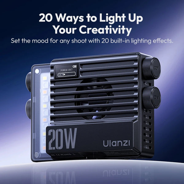 ភ្លើង ហោប៉ៅ Ulanzi LE20 20W RGB CRI 95+ 2500K-9000K ភ្លើង វីដេអូ កាមេរ៉ា ដែល អាច បន្ថយ ពន្លឺ បាន សម្រាប់ កាមេរ៉ា DSLR Vlog ការ ផ្សាយ ផ្ទាល់ ការ ថតរូប