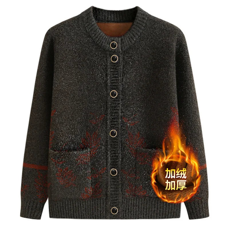 New Middle-Aged Elderly Women's Sweater Spring Autumn Cardigan Velvet Thicken Mother Knitted Top Grandma Winter Warm Coat